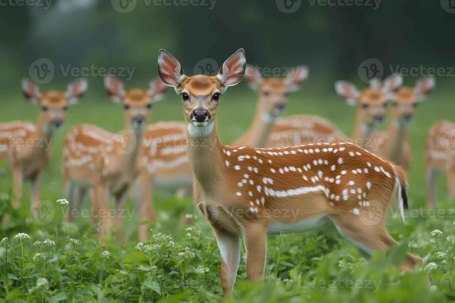 Young sika deer standing in tall grass with herd in background photo
