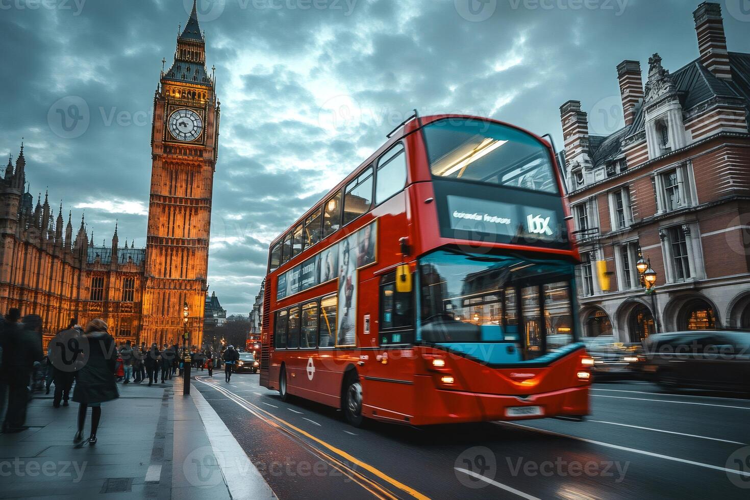 Red double-decker bus driving on London street with Big Ben in background. photo