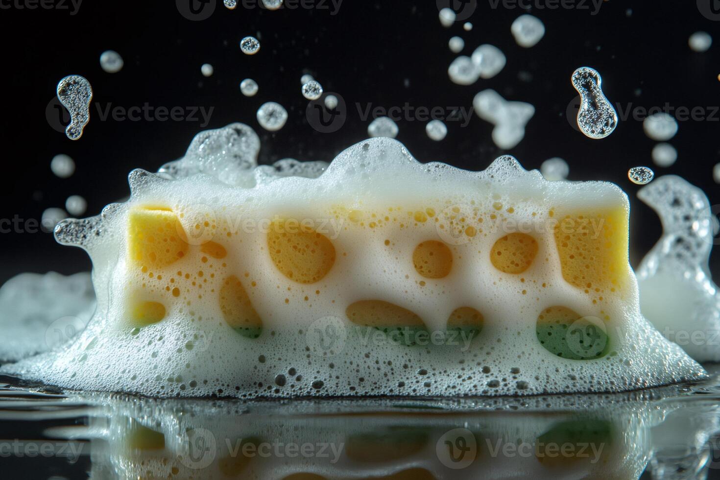 Yellow and green cleaning sponge covered by soap foam on black background photo