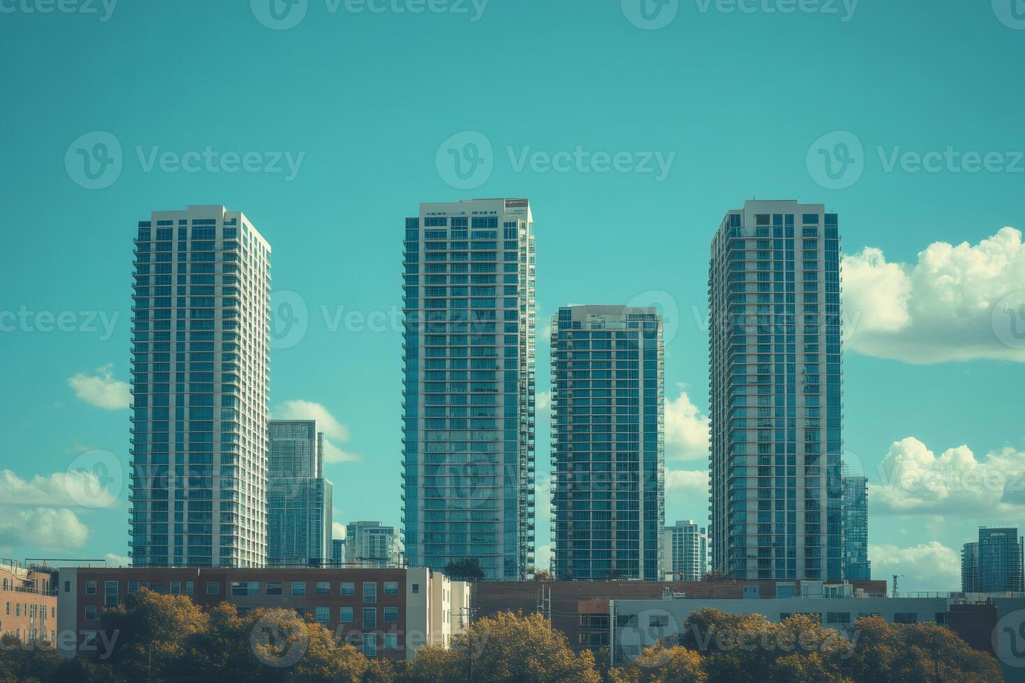 Modern skyscrapers rising above the cityscape under a bright blue sky photo