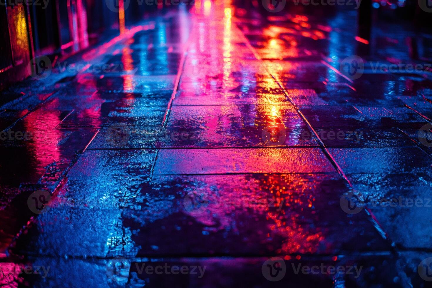 Wet sidewalk reflecting neon lights at night photo