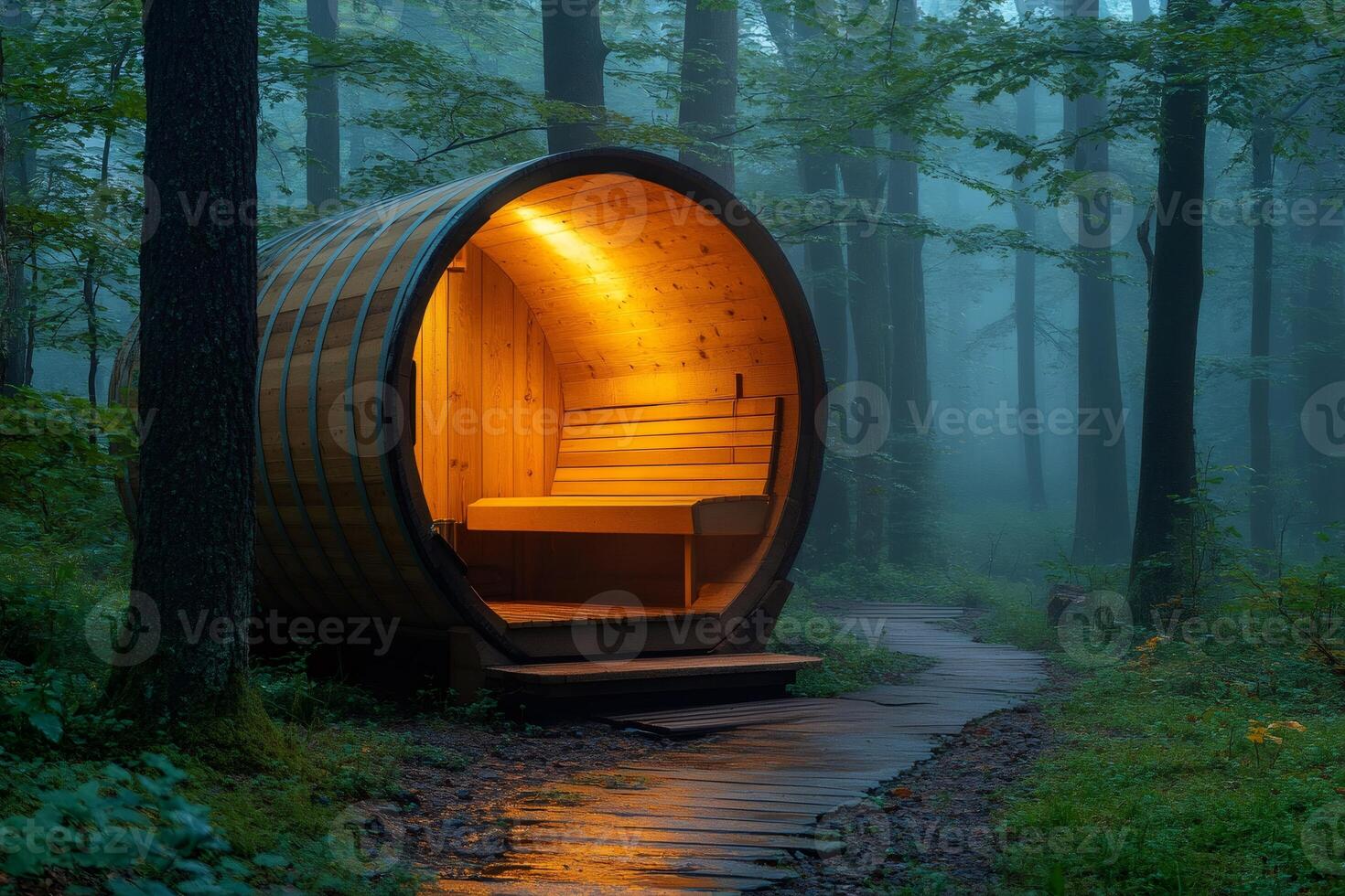 Barrel sauna glowing in foggy forest at twilight photo