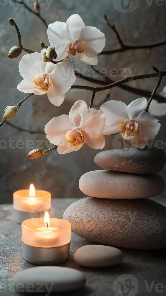 White orchid flowers, burning candles and zen stones creating relaxing atmosphere photo