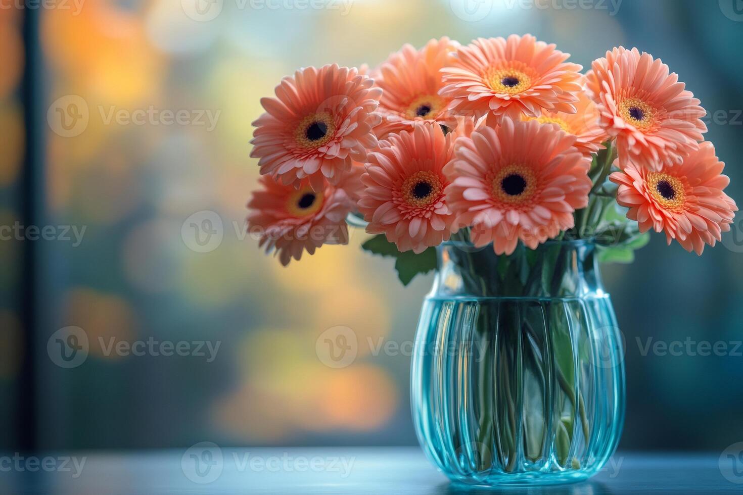 Peach gerbera daisies in a blue vase are standing on a table photo