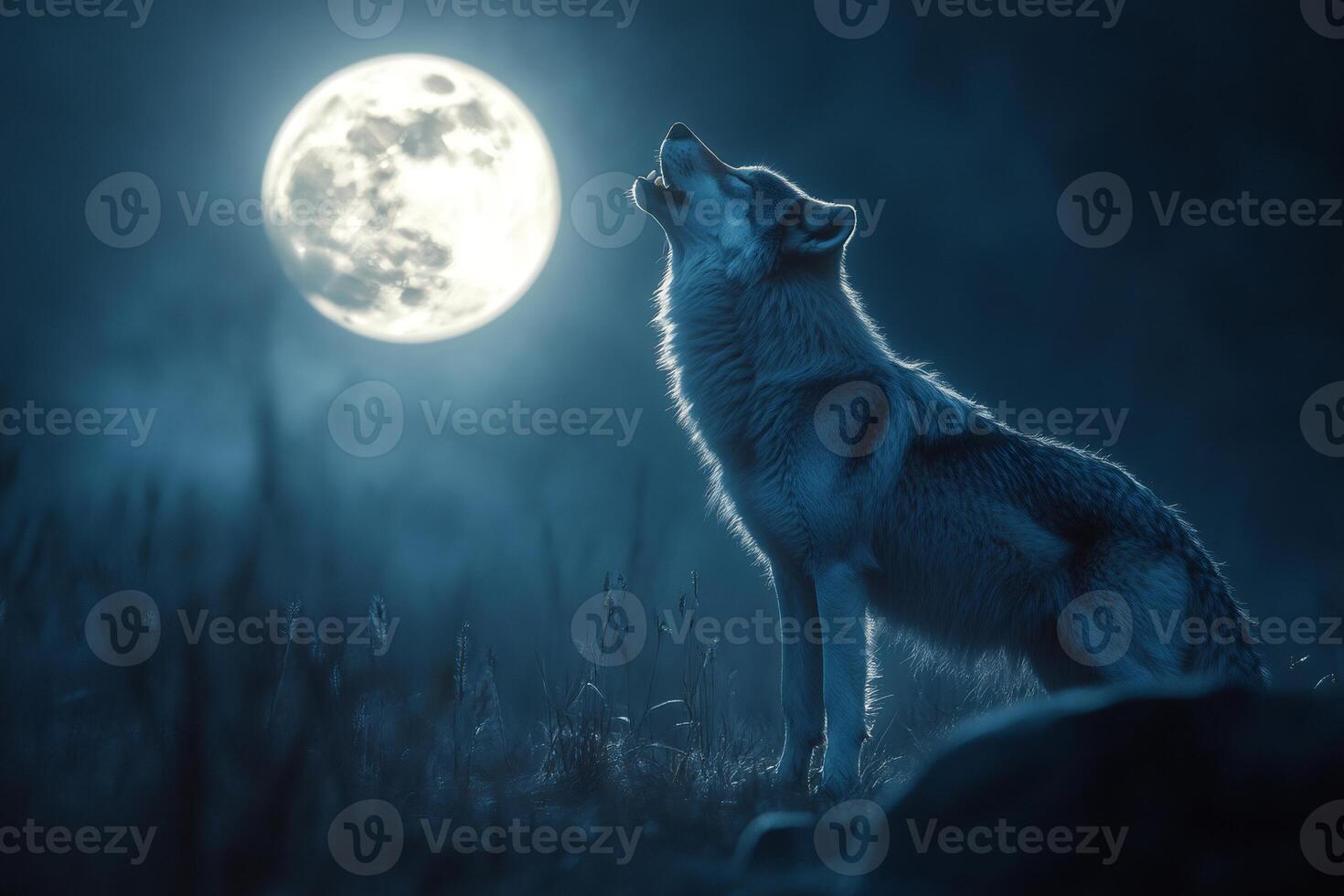 Gray wolf howling at the full moon in a field at night photo