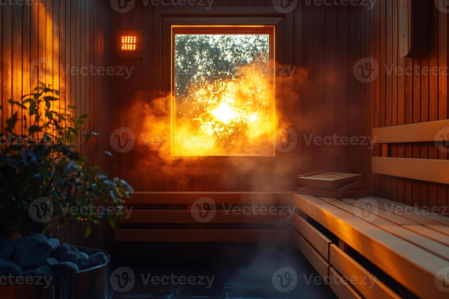 Warm light entering sauna room through window at sunset photo
