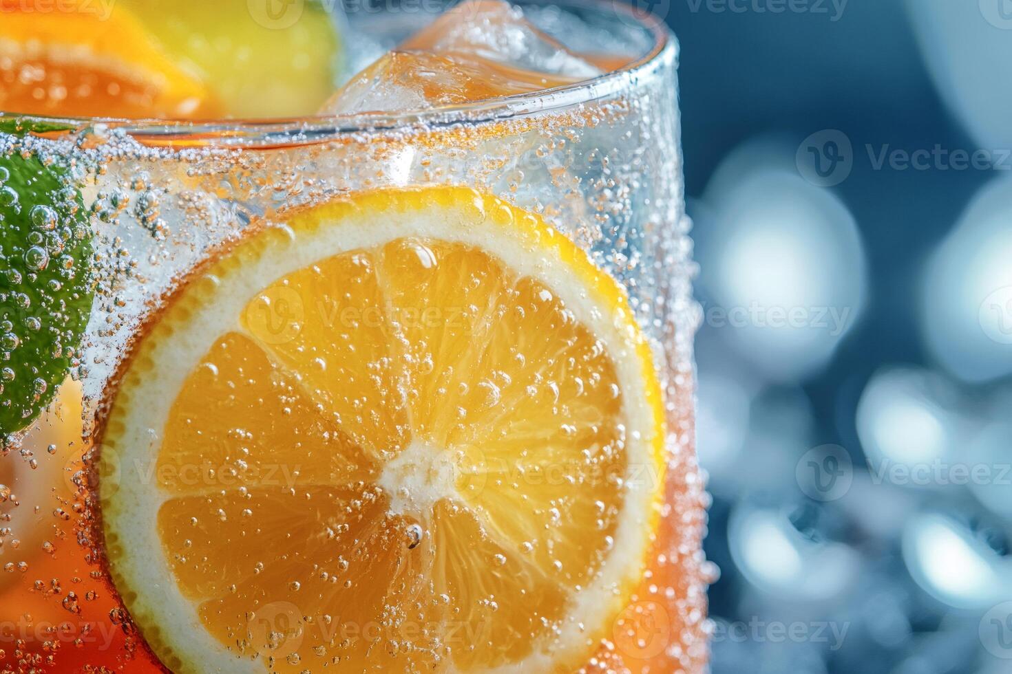 Refreshing citrus cocktail with ice and bubbles in a glass photo