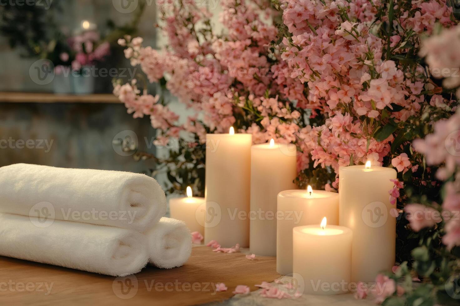 Rolled white towels and burning candles creating a relaxing spa atmosphere photo