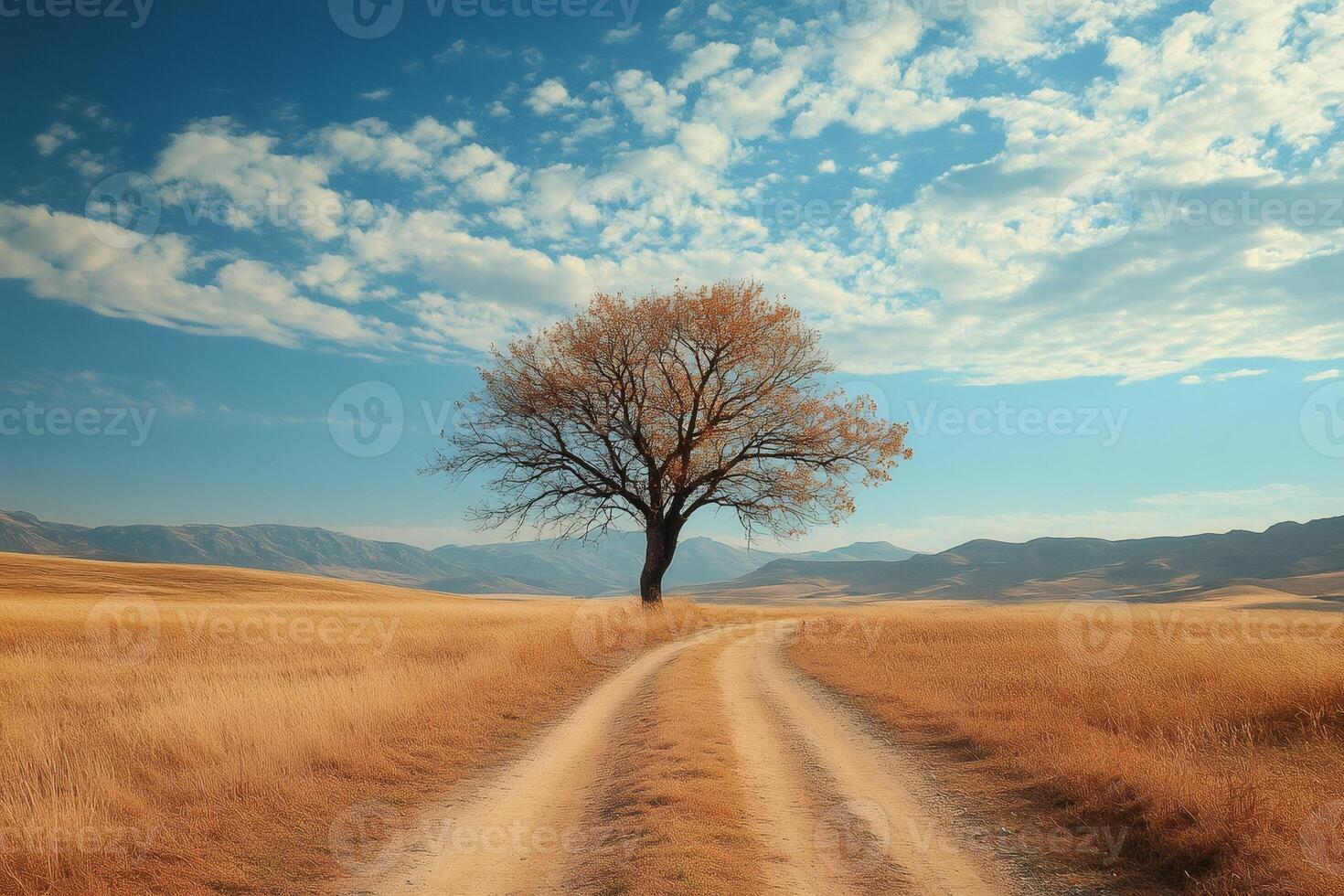 Lone tree in a vast field with a winding dirt path photo