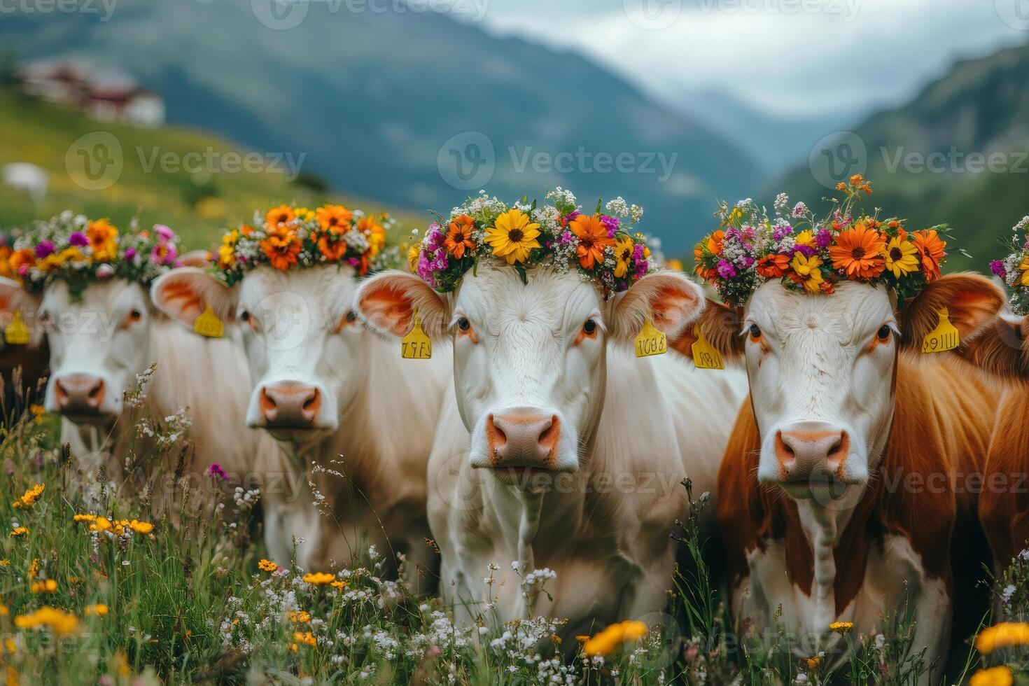 Cows wearing flower crowns standing in an alpine meadow photo