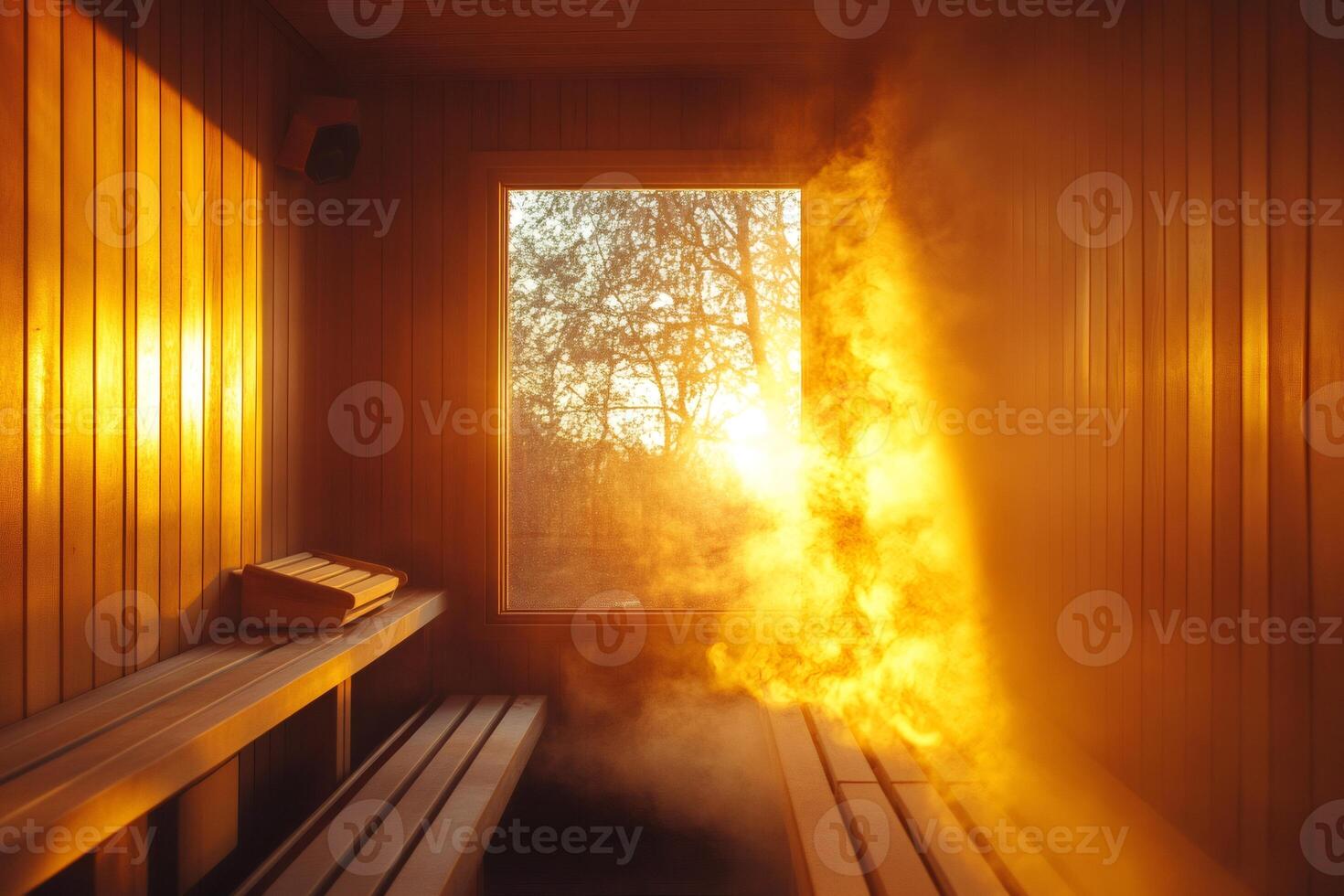 Warm light entering finnish sauna during sunset photo