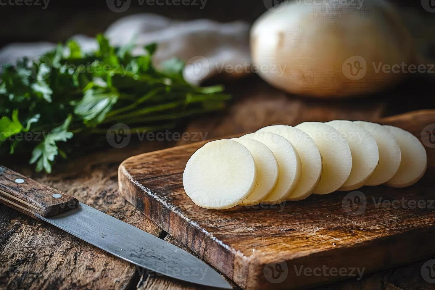 Chef slicing fresh white radish on wooden cutting board with parsley photo