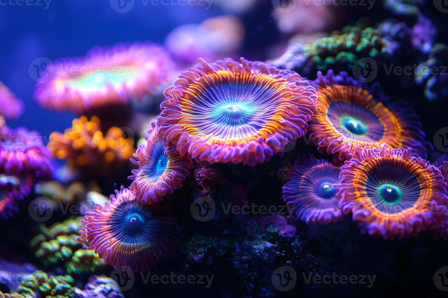 Vibrant coral polyps thriving in a colorful reef ecosystem. photo