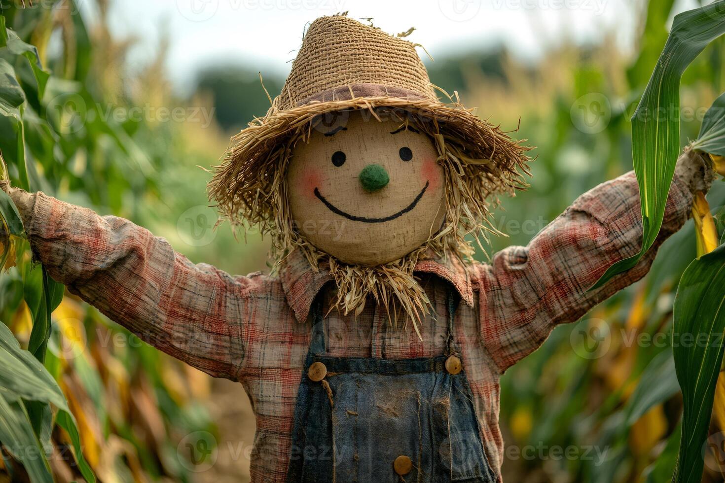 Scarecrow protecting cornfield, wearing straw hat and denim overalls photo