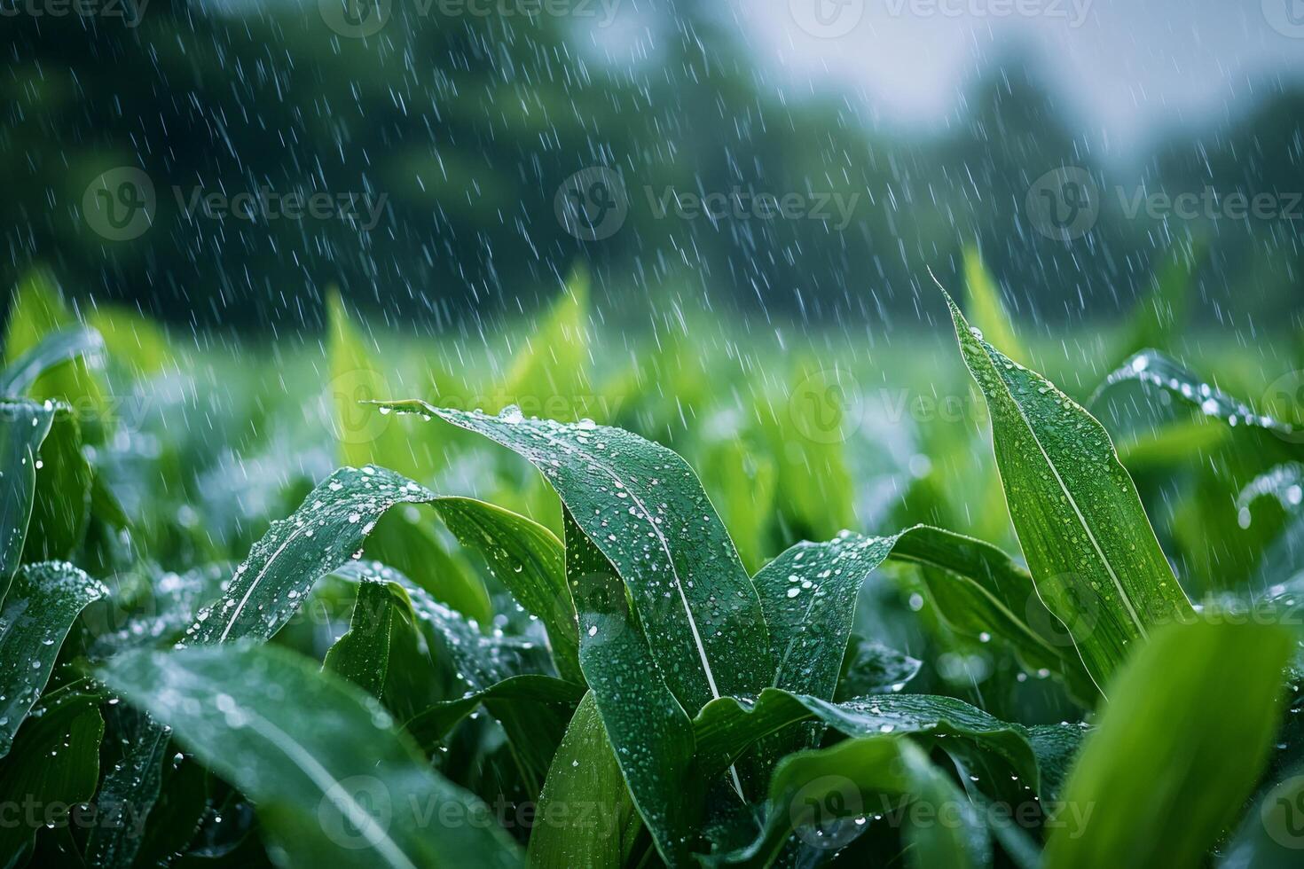 Heavy rain falling on green cornfield during summer day photo