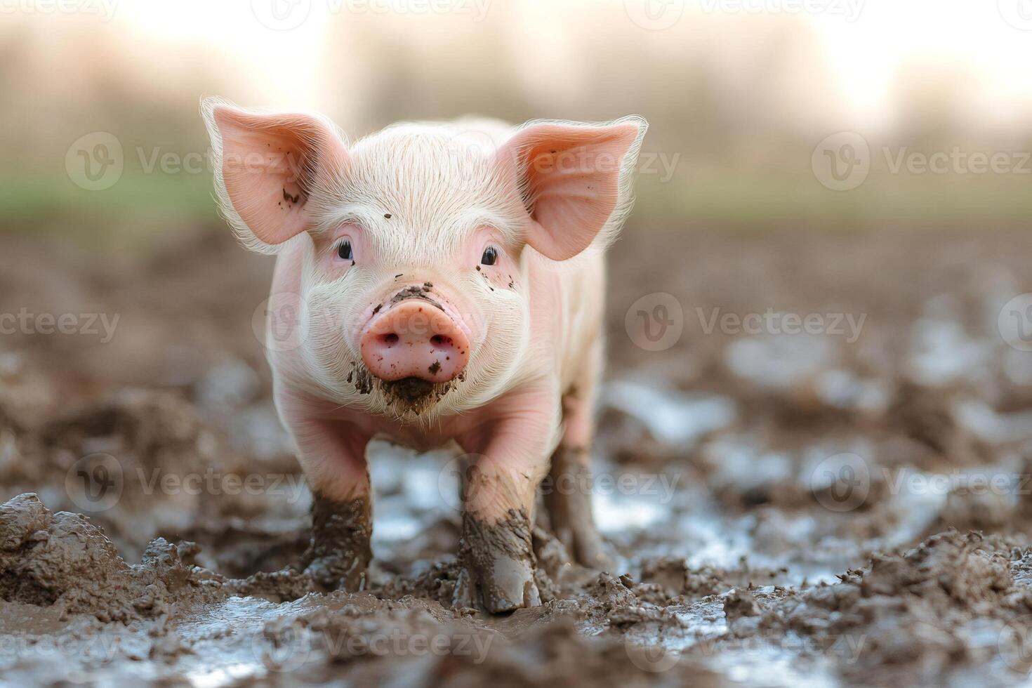 Cute piglet walking in mud on the farm photo