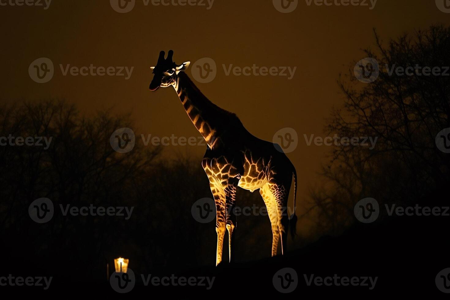 Giraffe standing in the dark illuminated by a street lamp photo