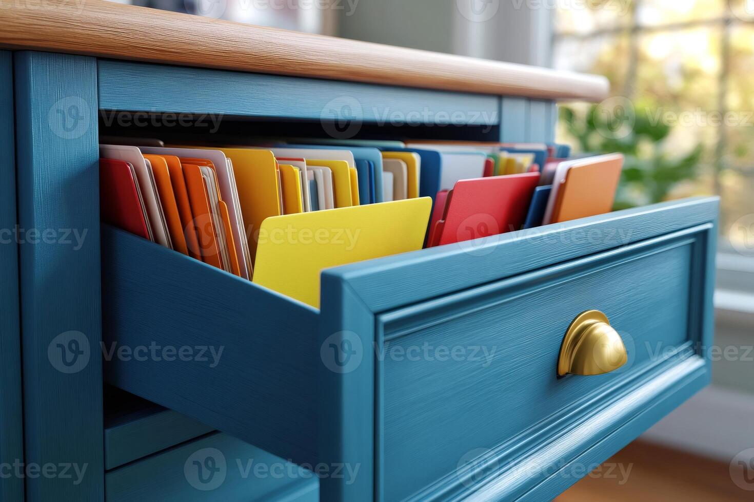 Open drawer revealing colorful folders containing important documents photo