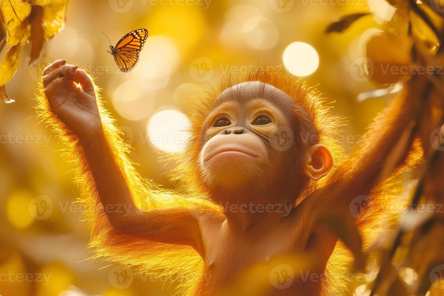 Baby orangutan reaching for butterfly in rainforest sunlight photo