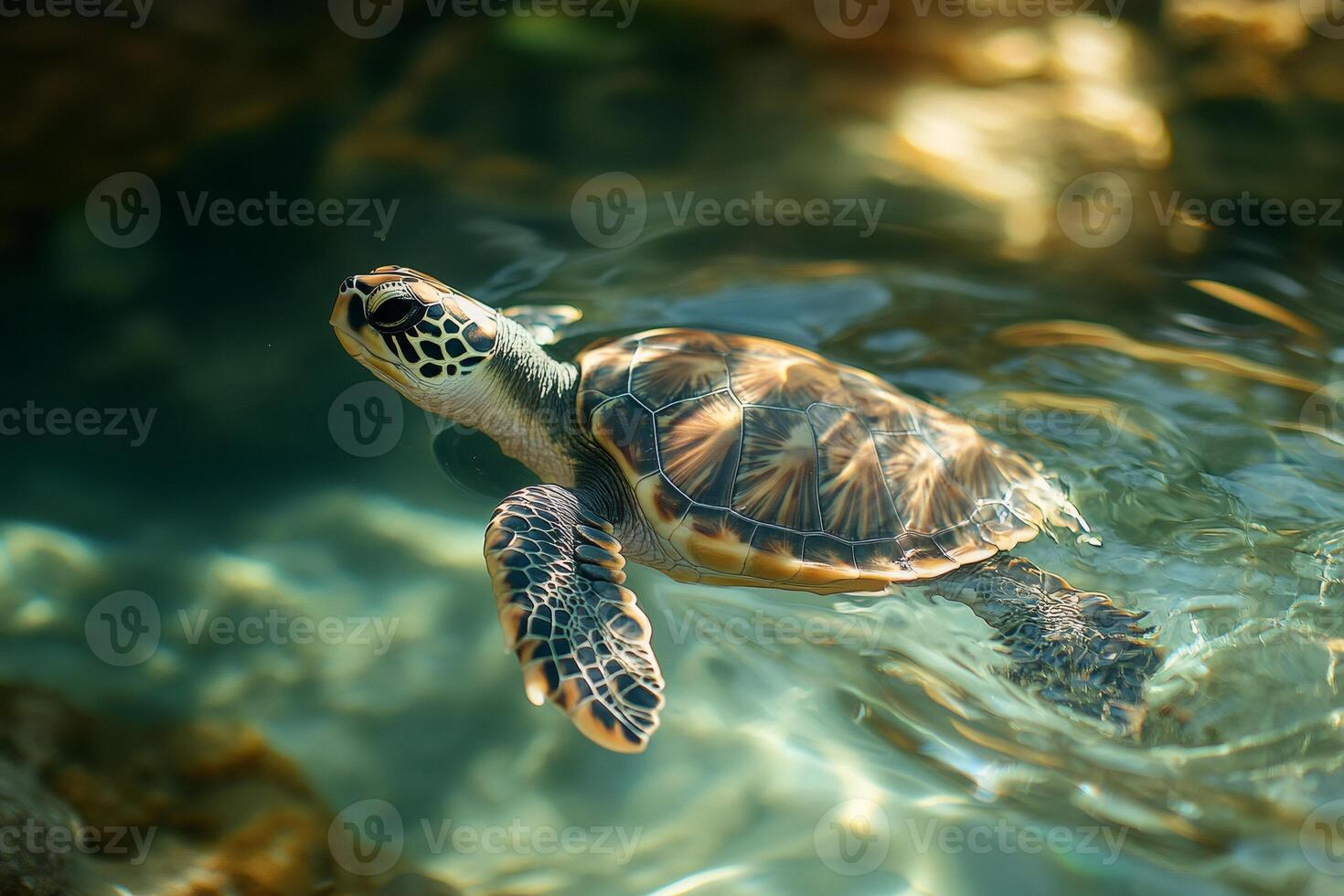 Baby sea turtle swimming in crystal clear water photo