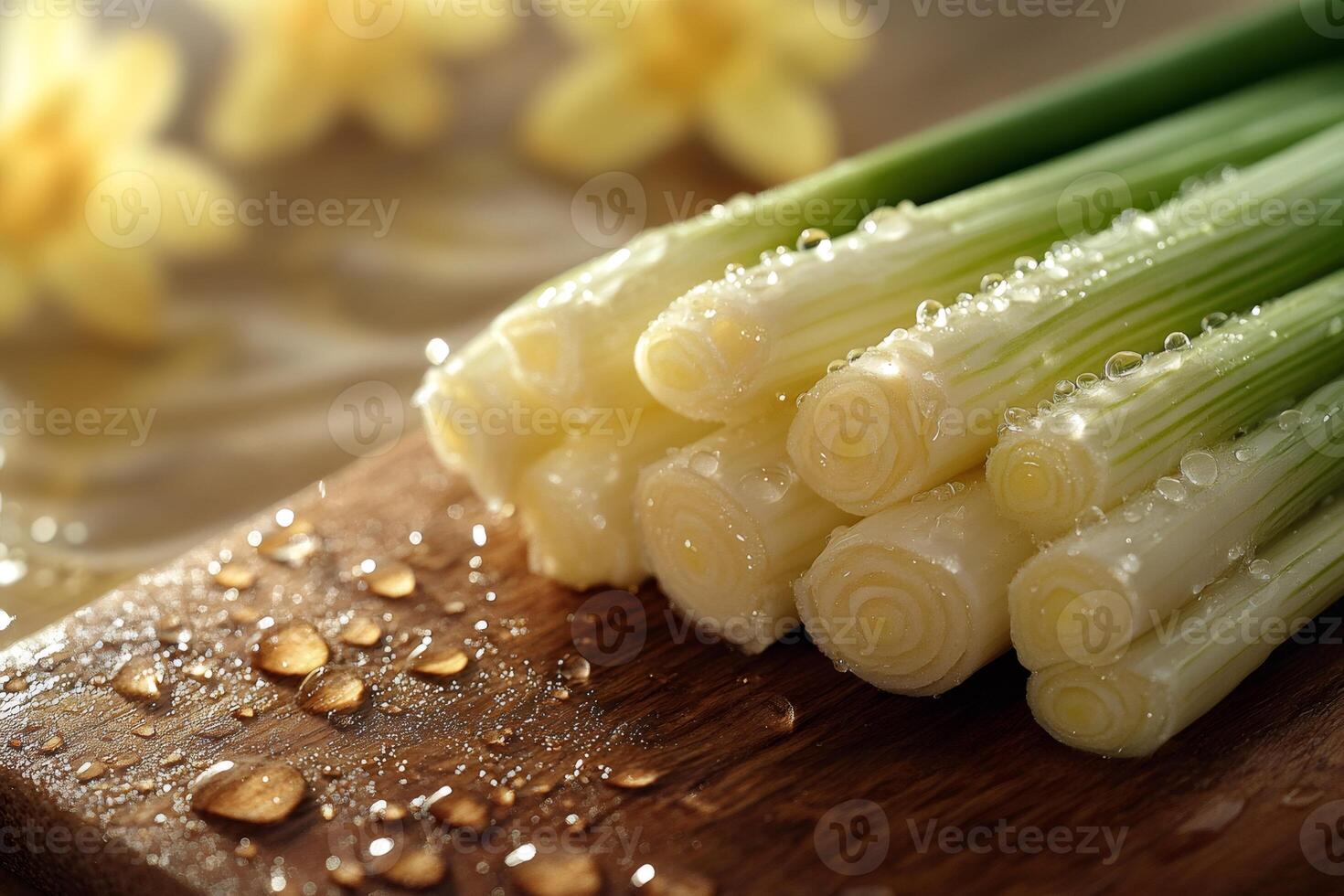 Freshly cut scallions glistening with water droplets on a wooden cutting board photo