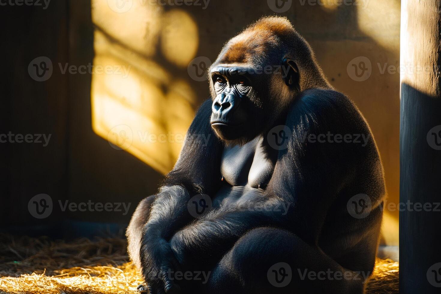 Majestic gorilla sitting and enjoying sunlight in zoo enclosure photo