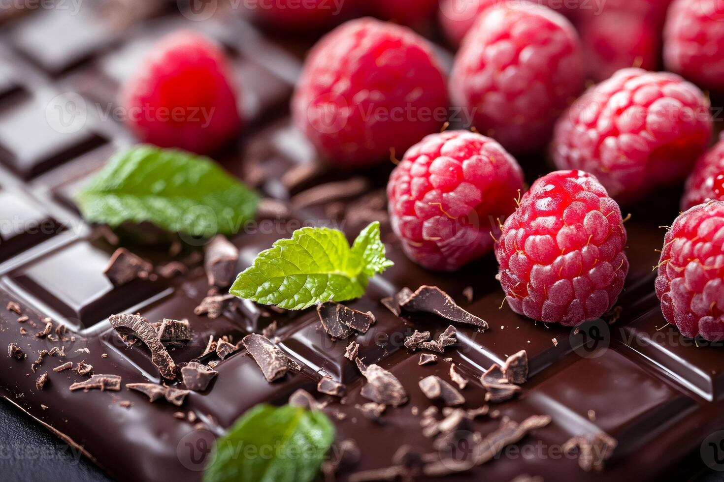 Gourmet dark chocolate bar with fresh raspberries and mint leaves photo