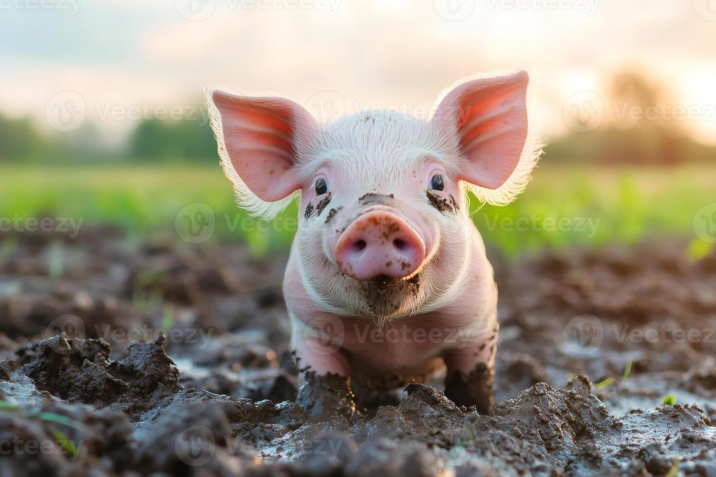 Cute piglet playing in mud on a farm at sunset photo