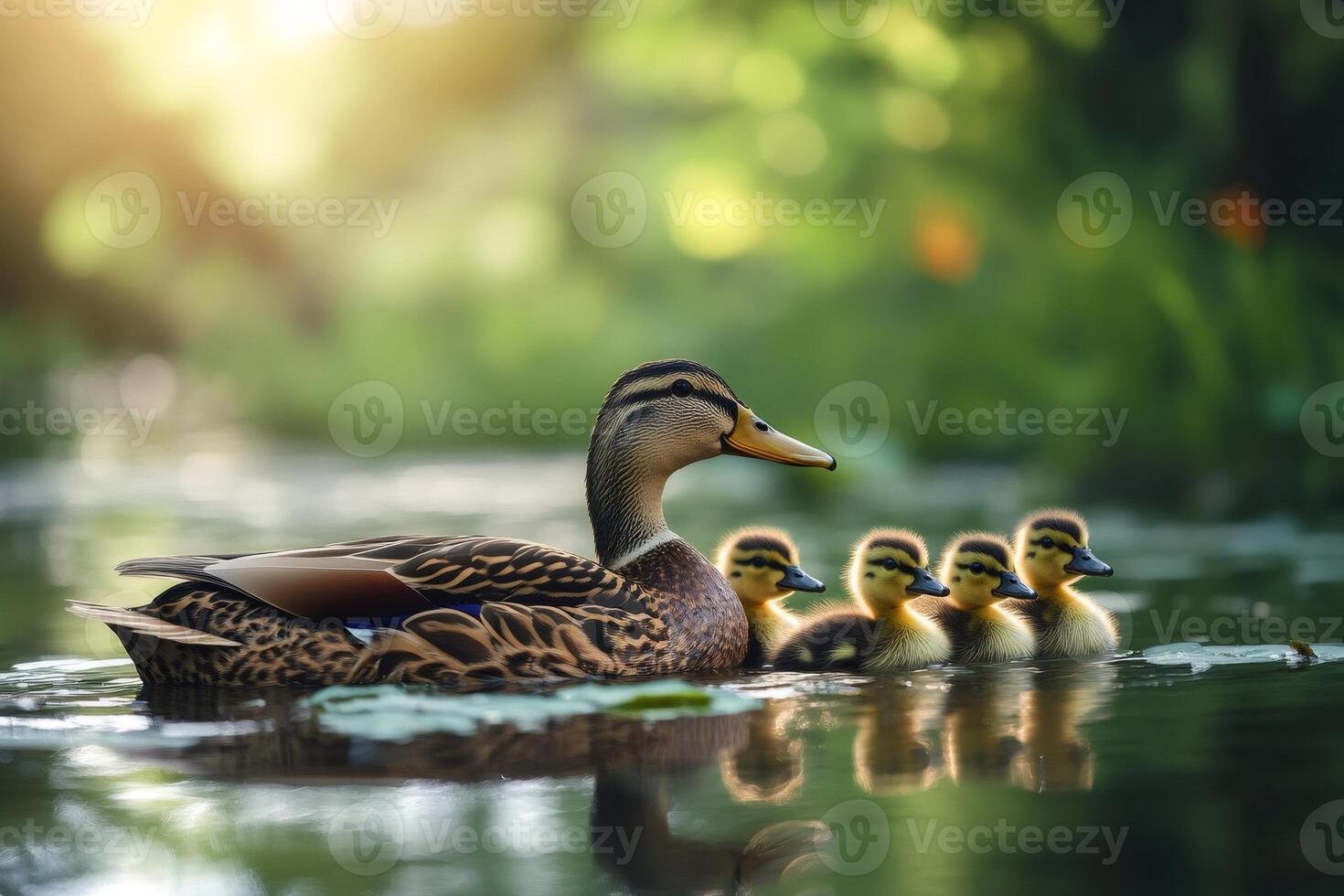 Mother duck swimming with ducklings on a river at sunset photo