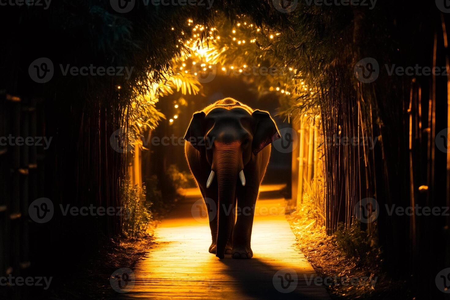 Elephant walking on a path at night with festive lights photo