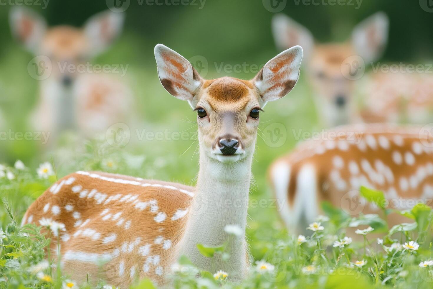 Young sika deer resting in the grass with other deer in the background photo