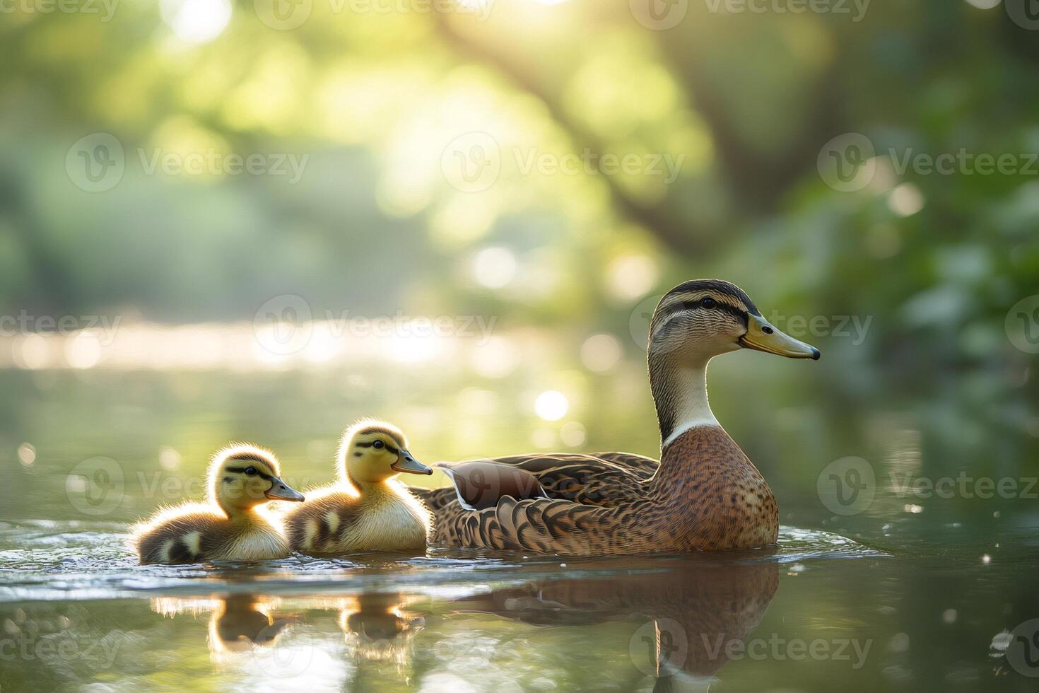 Mallard hen swimming with ducklings on a river at sunset photo