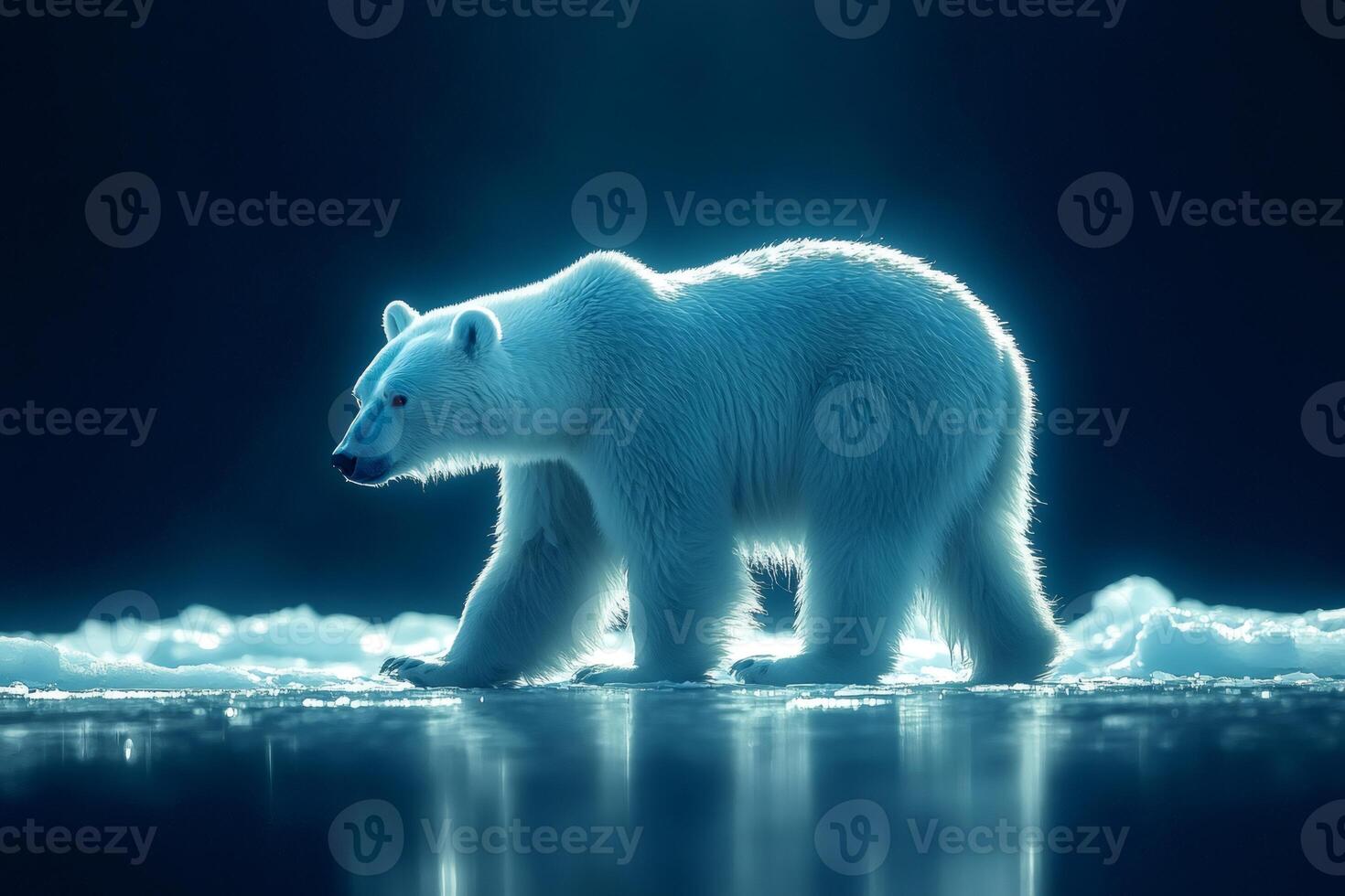 Polar bear walking on thin ice during night in the arctic photo