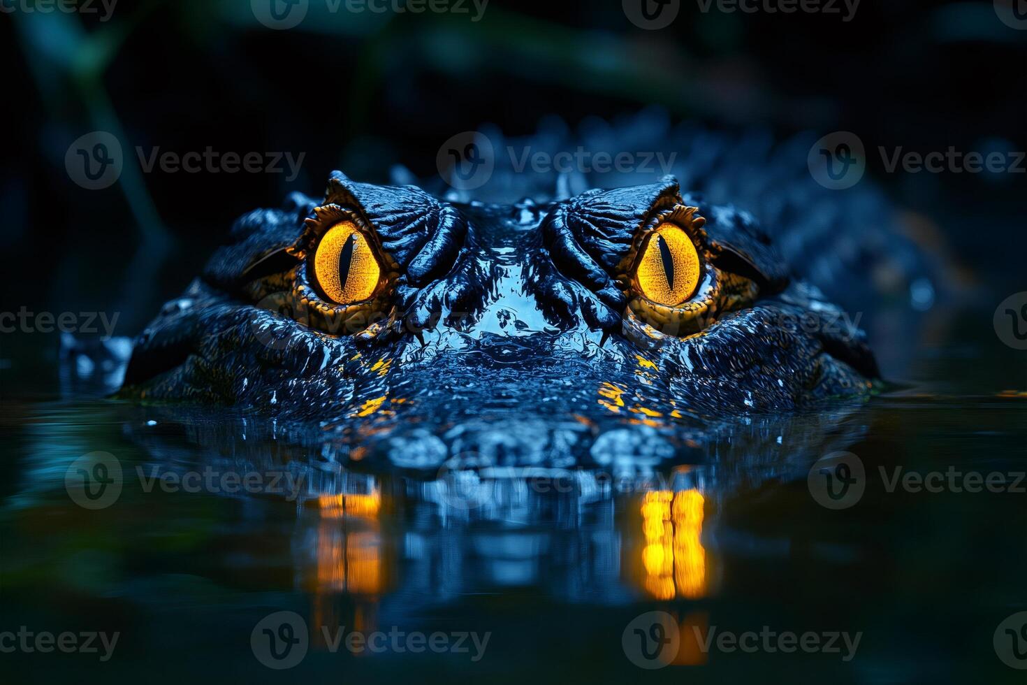 Menacing alligator lurking in dark swamp with glowing eyes.. photo