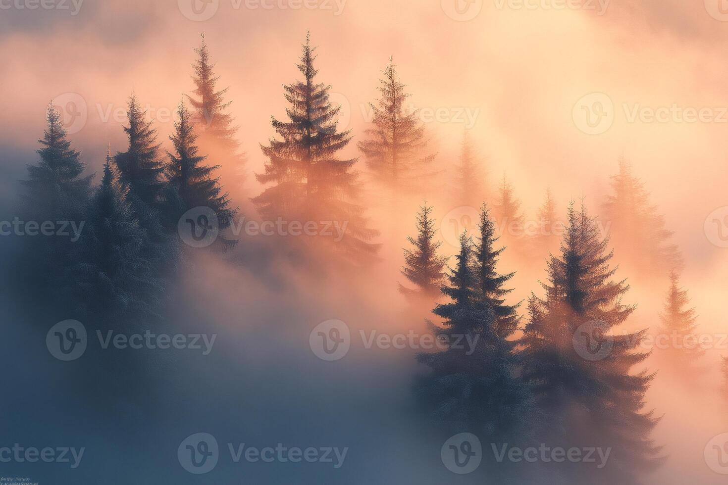Magical sunrise illuminating snowy pine trees emerging from fog in winter mountain forest photo