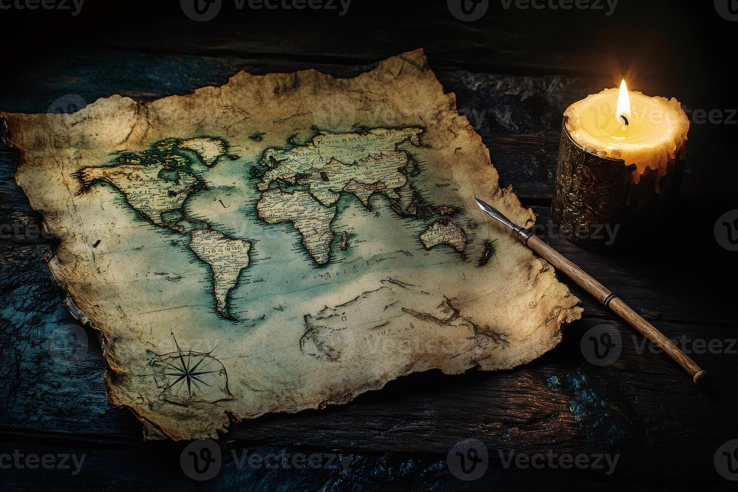 Old world map illuminated by candlelight showing the continents and oceans photo