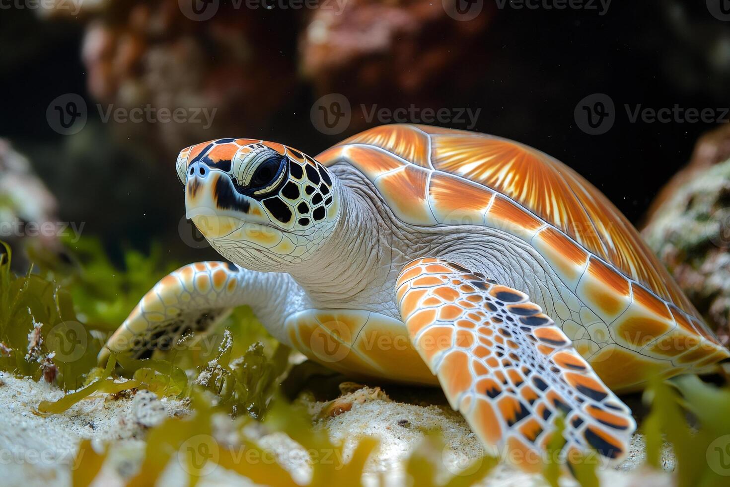 Hawksbill sea turtle swimming over the seabed covered with algae photo