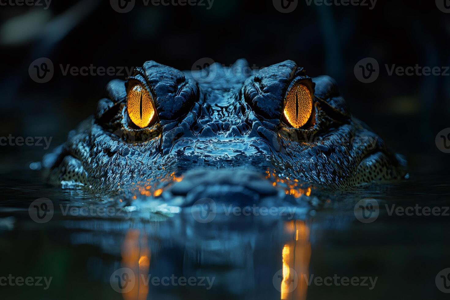 Menacing alligator lurking in dark swamp with glowing eyes. photo