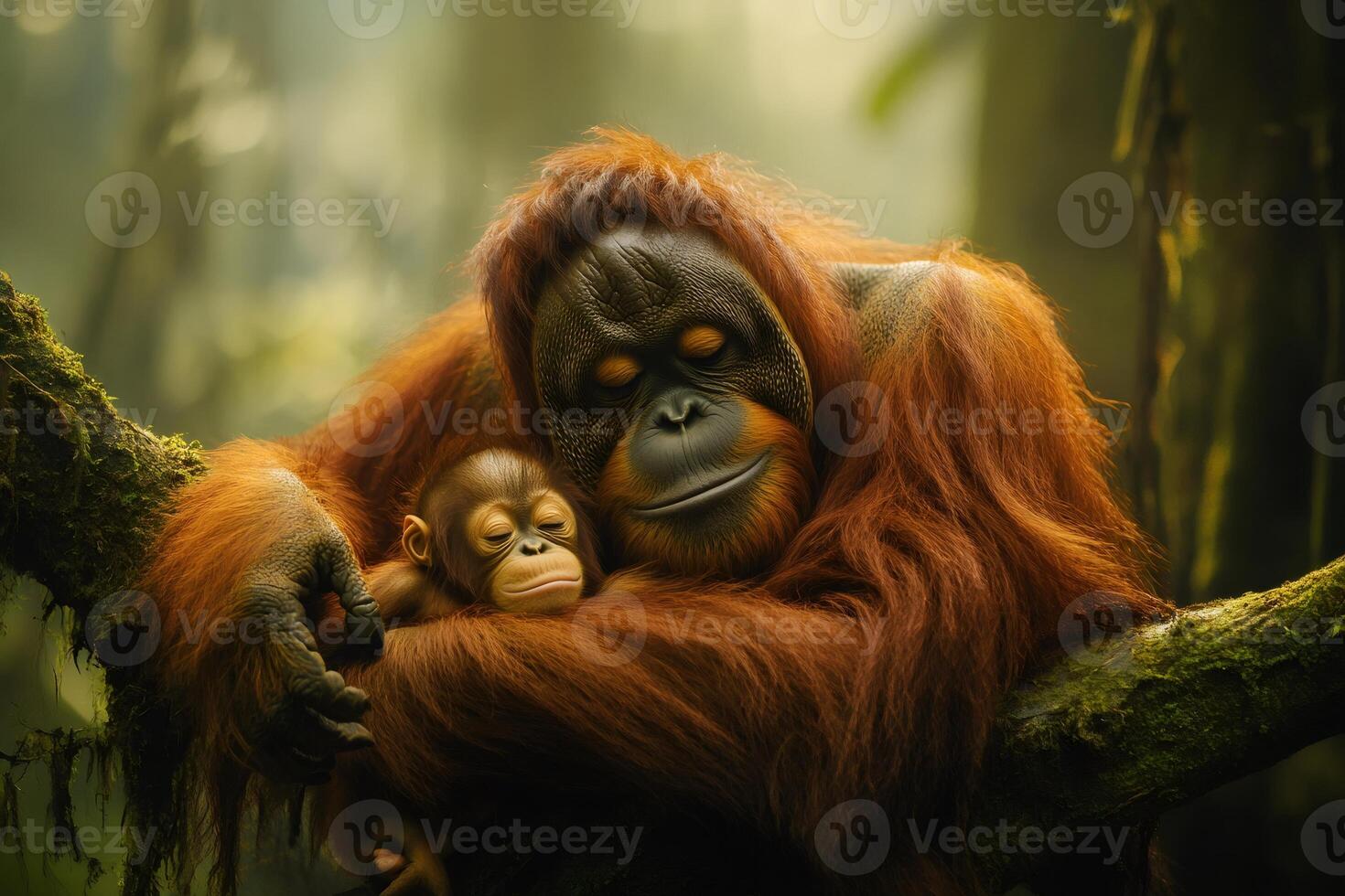 Mother orangutan embracing her baby while sleeping on a tree branch photo