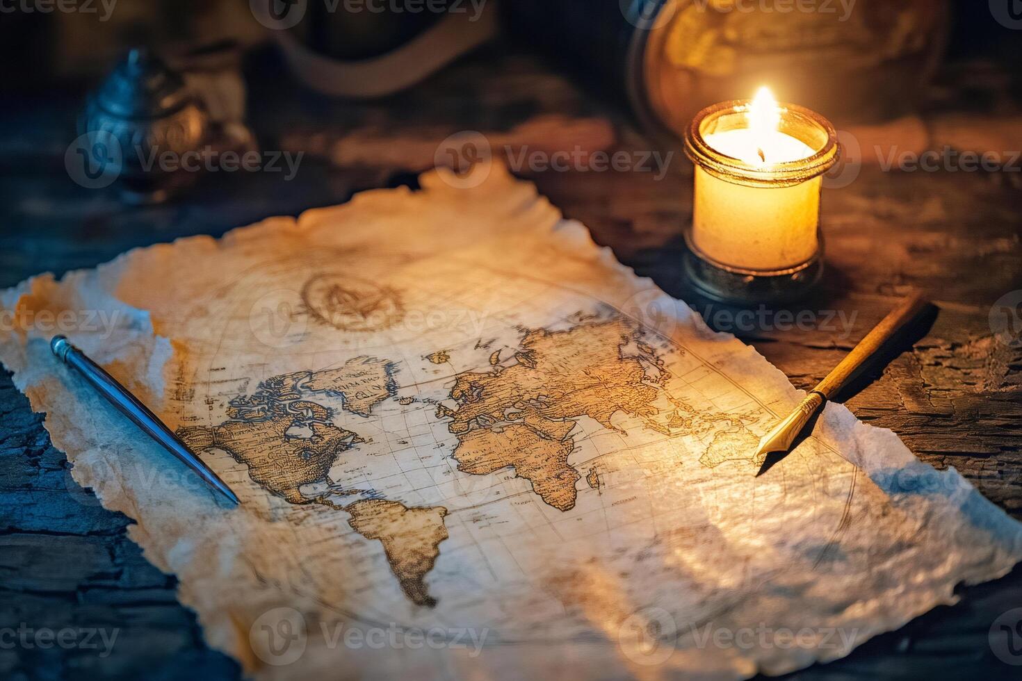 Old world map illuminated by candlelight with quill and compass nearby photo
