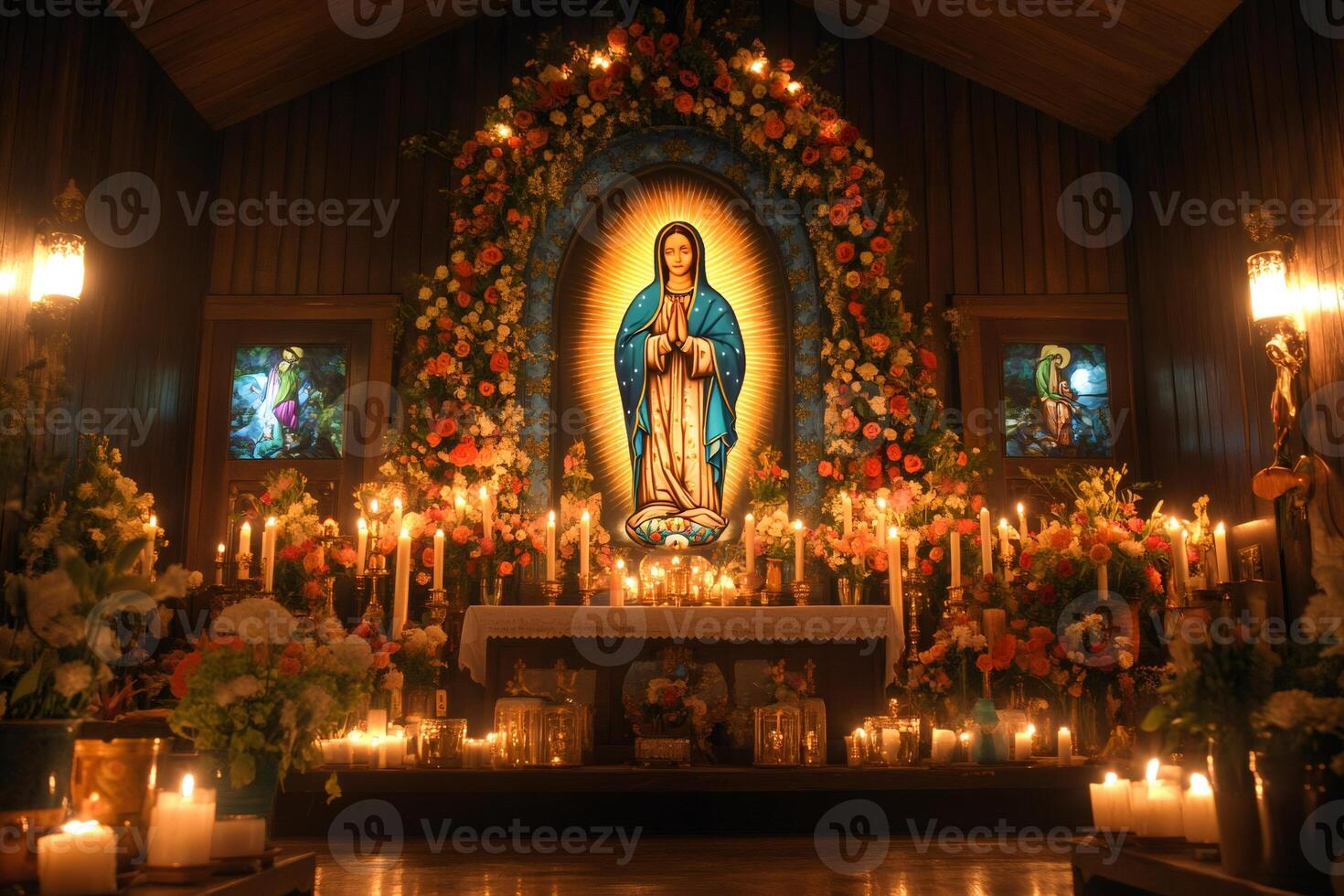 Illuminated Virgin Mary Painting Adorned with Flowers and Candles in a Church photo