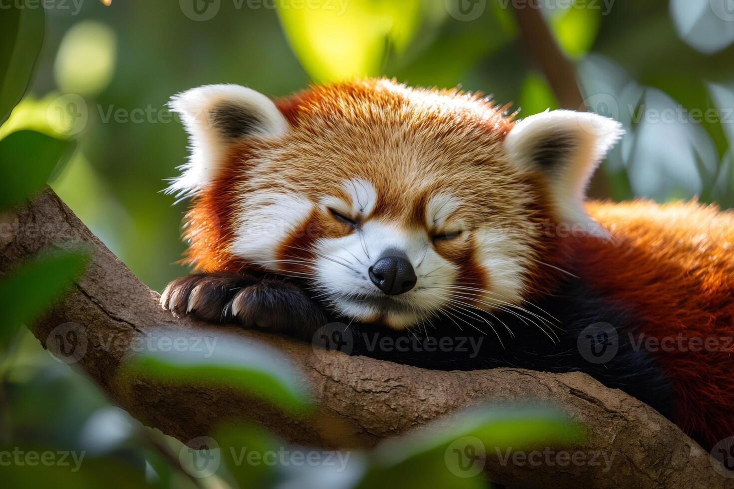 Red panda sleeping peacefully on a tree branch photo