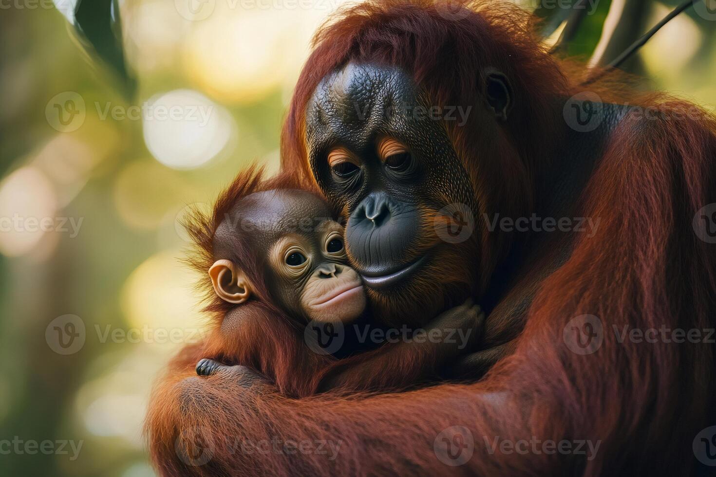 Mother orangutan embracing her baby in the jungle photo