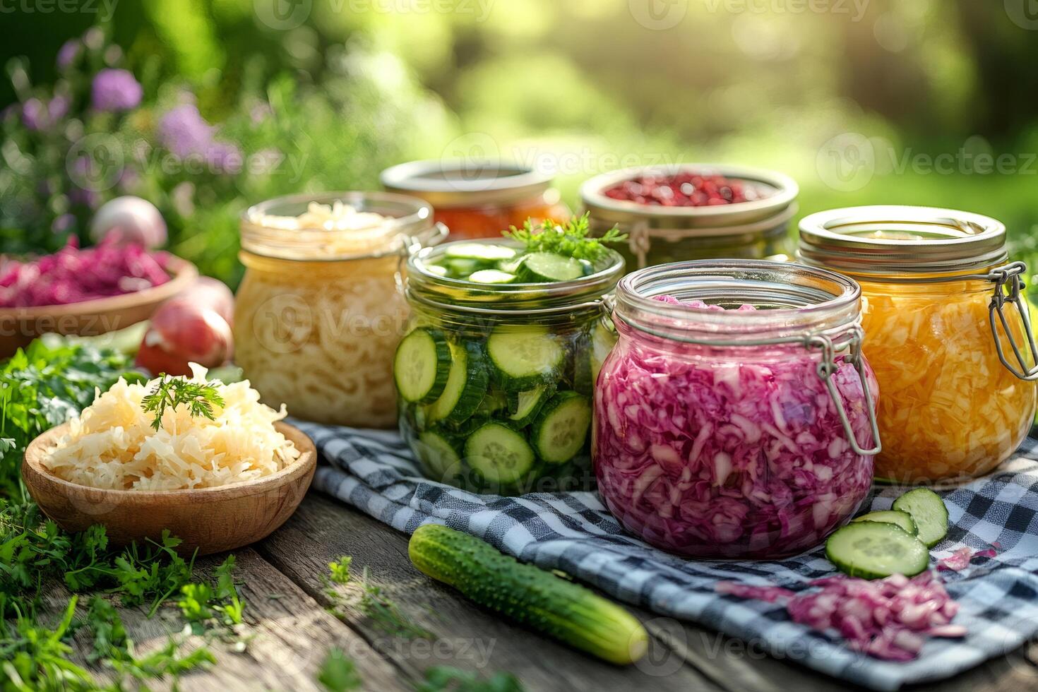 Preserving summer vegetables by pickling and fermenting them in glass jars. photo