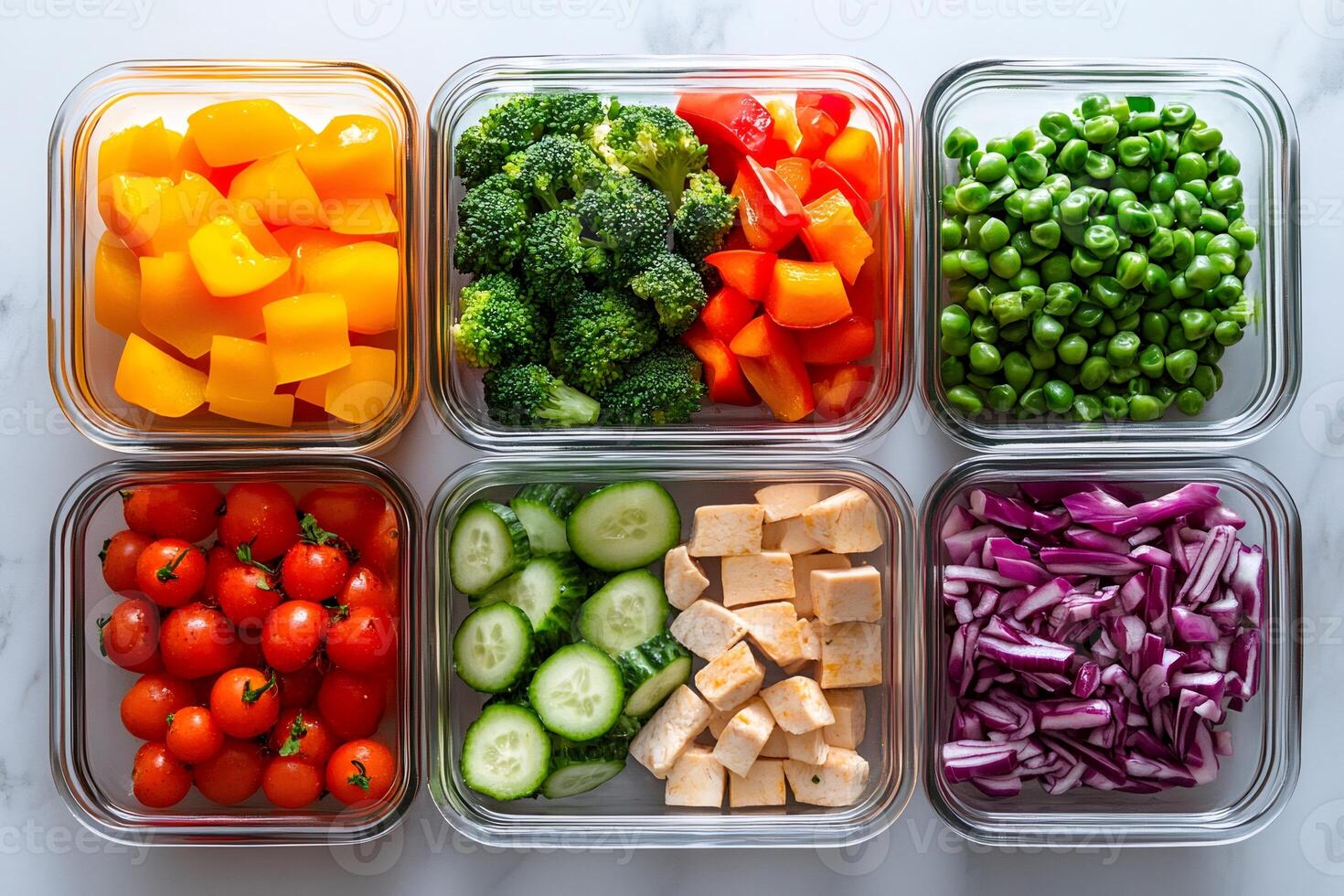 Meal prepping healthy lunch boxes with fresh chopped vegetables and protein photo