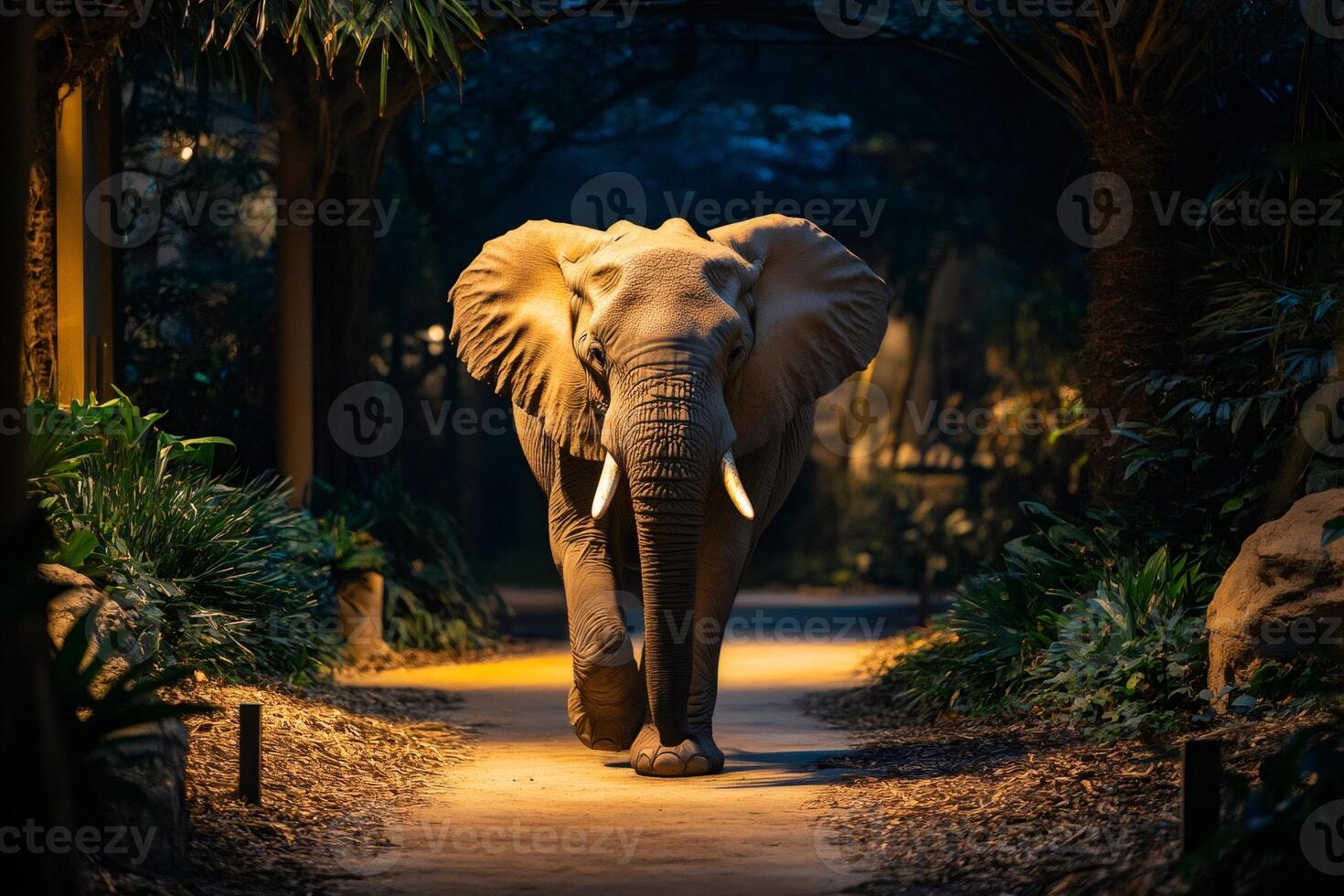 Large african elephant walking on a path at night photo