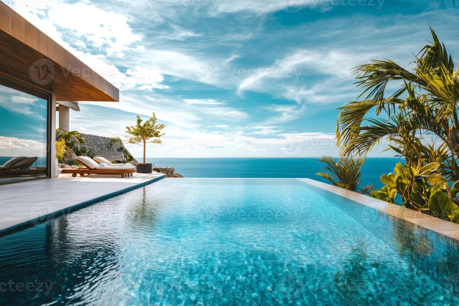 Infinity pool overlooking the ocean in a luxurious tropical villa photo