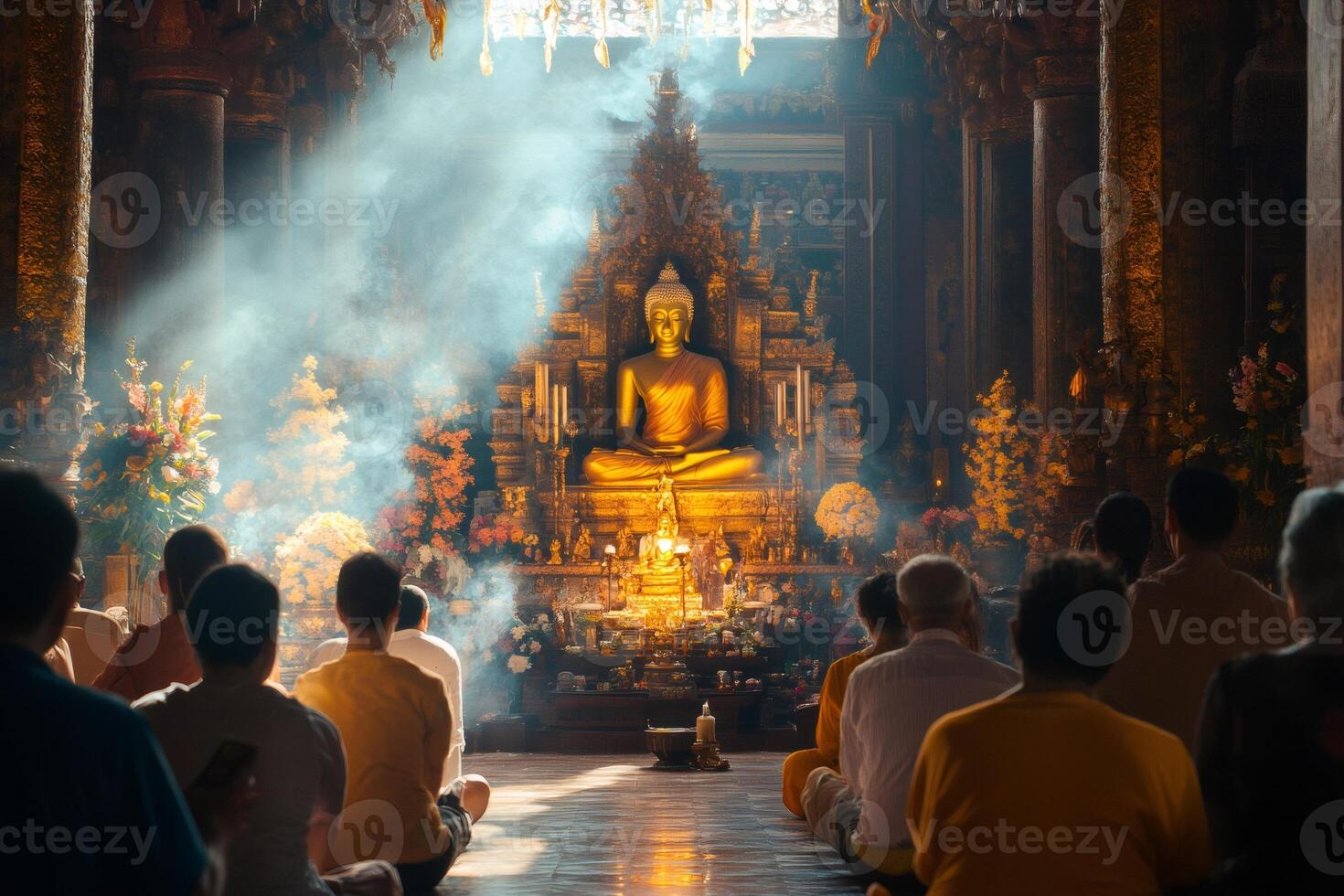 Buddhist monks praying in temple with golden buddha statue during ceremony photo