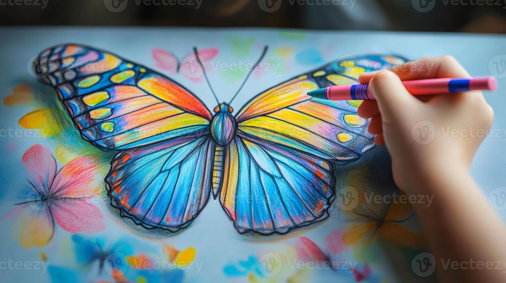 Child drawing a colorful butterfly with crayons on white paper photo