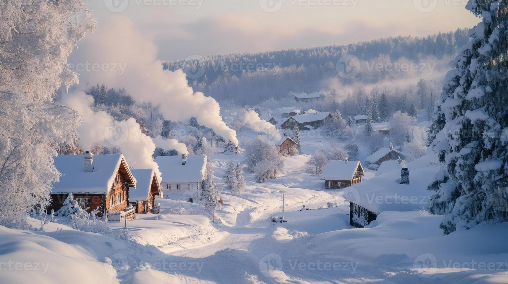 Smoke rising from chimneys of snow covered houses in a mountain village photo